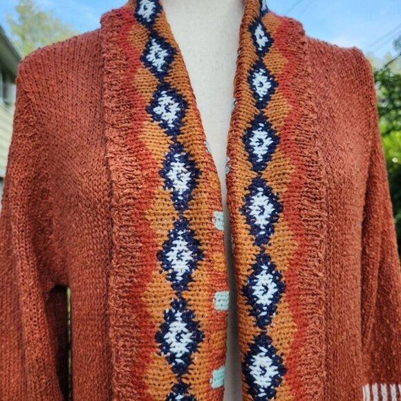 Size L Bohemian Knit Long Sweater Duster fringed Cardigan Brick Red With Pockets - Picture 3 of 16